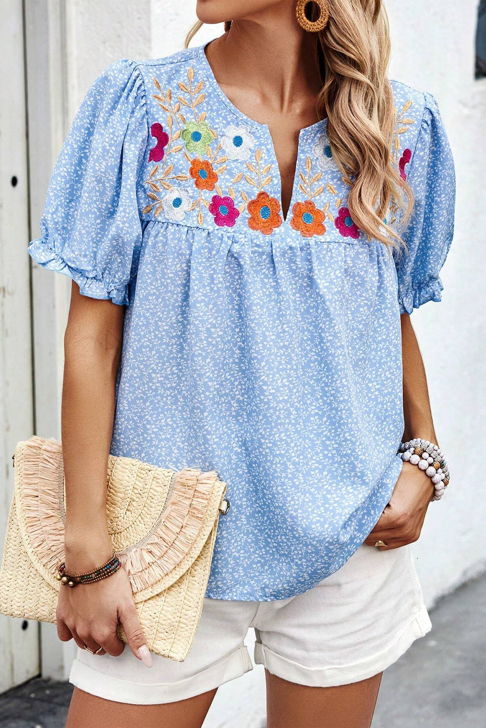 Blue Floral Embroidered Notched V Neck Blouse