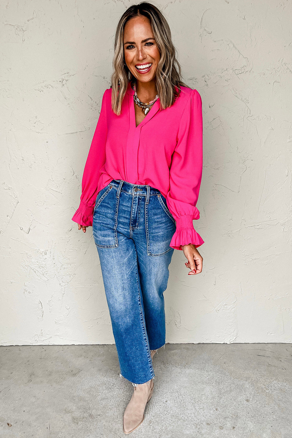 Brown / Pink V Neck Blouse