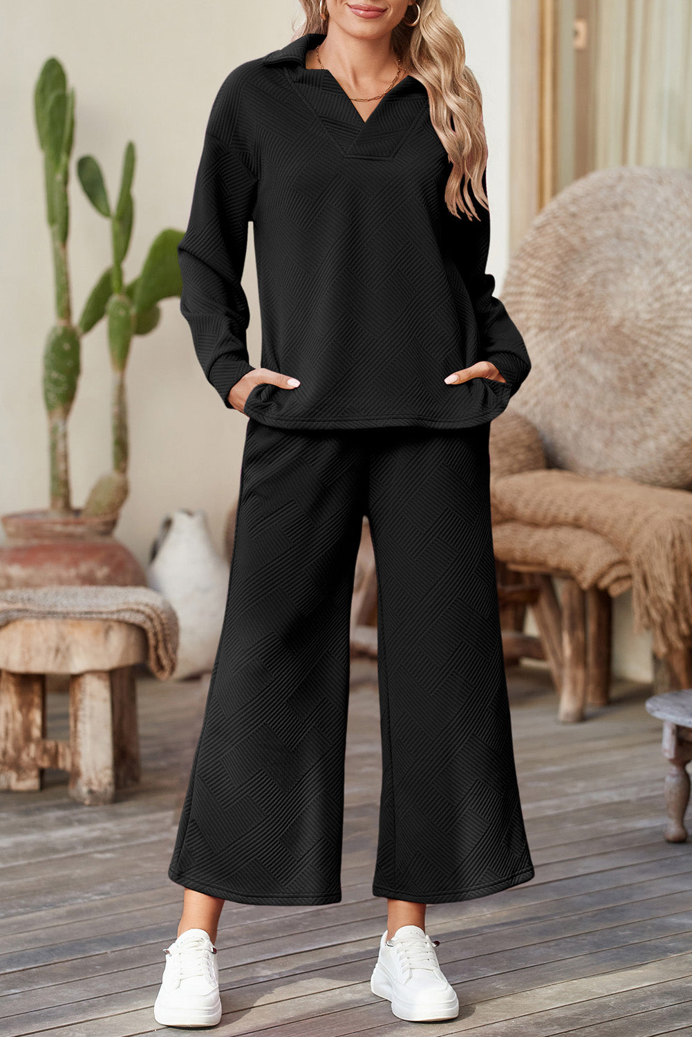 Multi color Plain V Neck Top and Wide Leg Pants Set