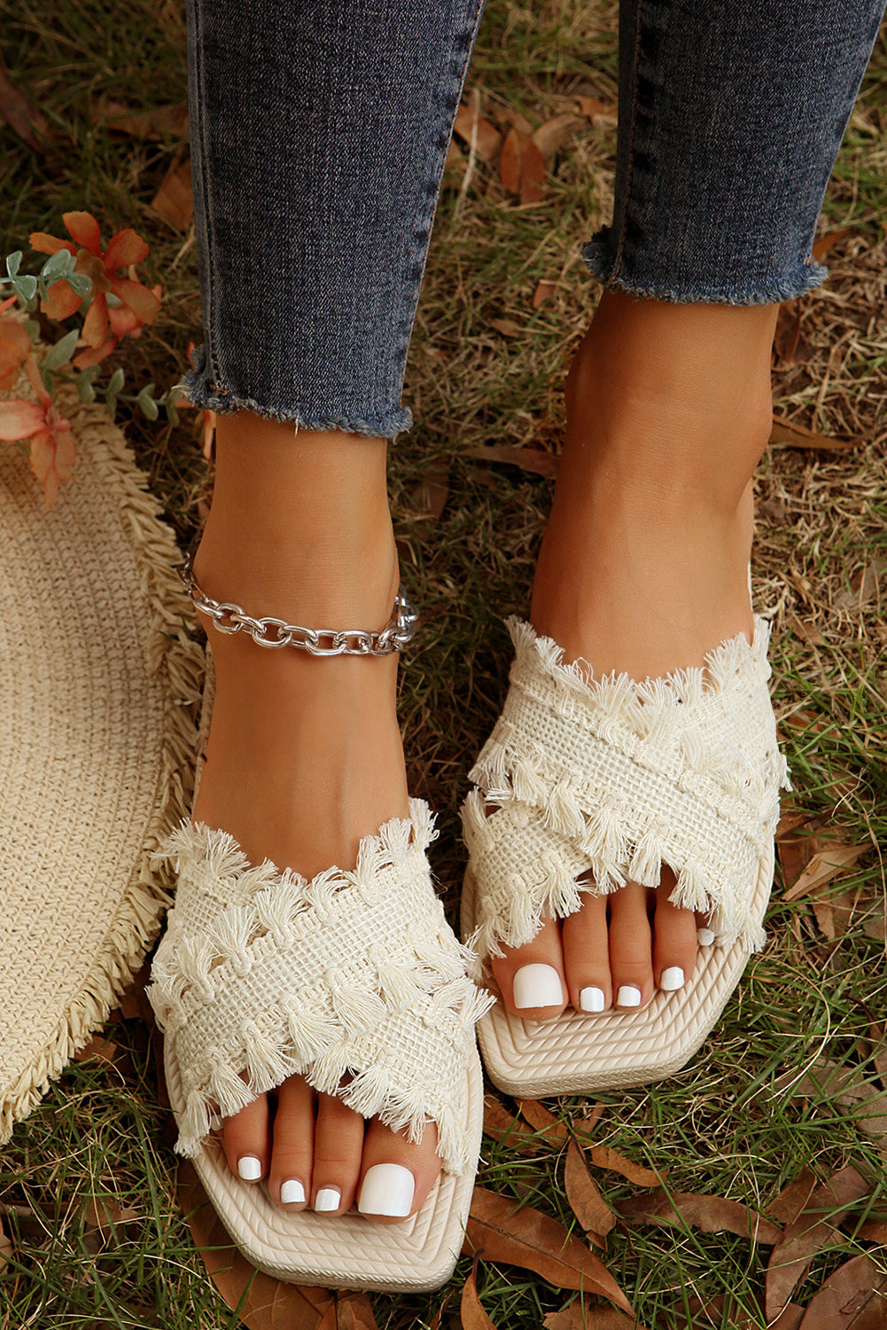 Beige Tassel Woven Crossed Straps Flip Flops