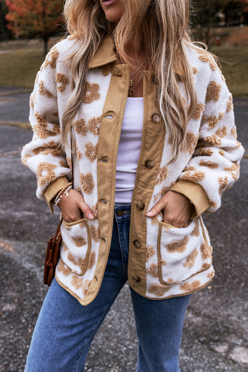 Light French Beige Cute Flower Fleece Jacket