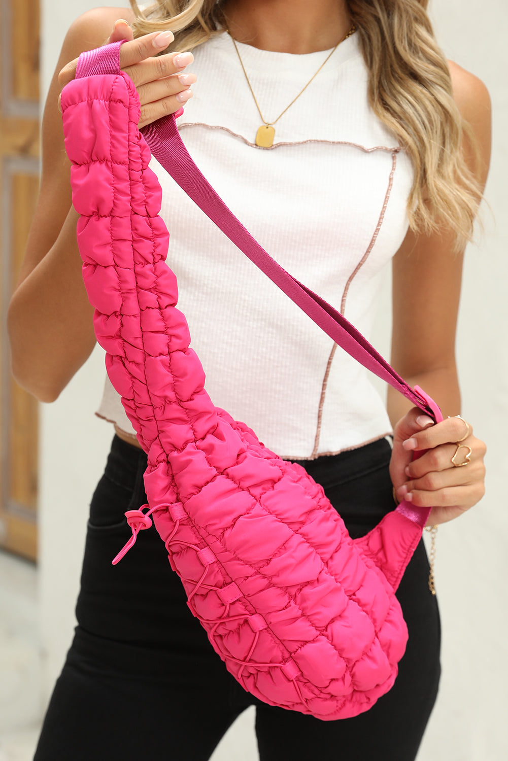 White/Pink/Black Drawstring Decor Sling Bag