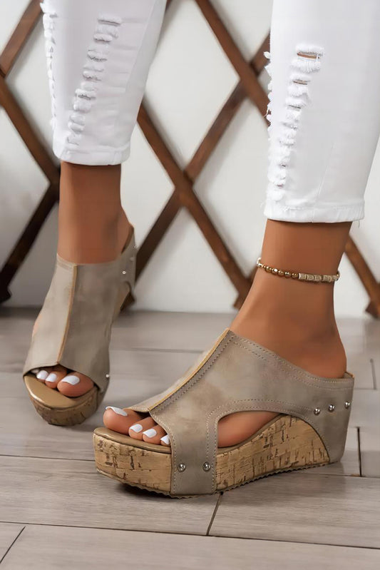 Gray Leather Wedge Slides Shoes