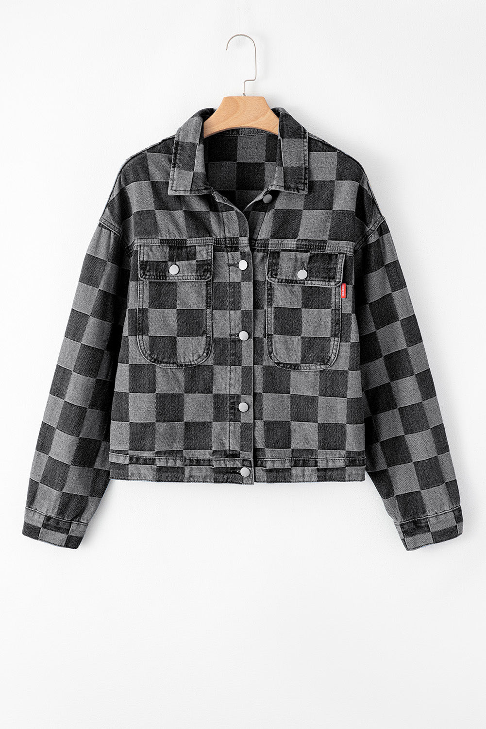 Light Blue/Black Checkered Patchwork Denim Jacket