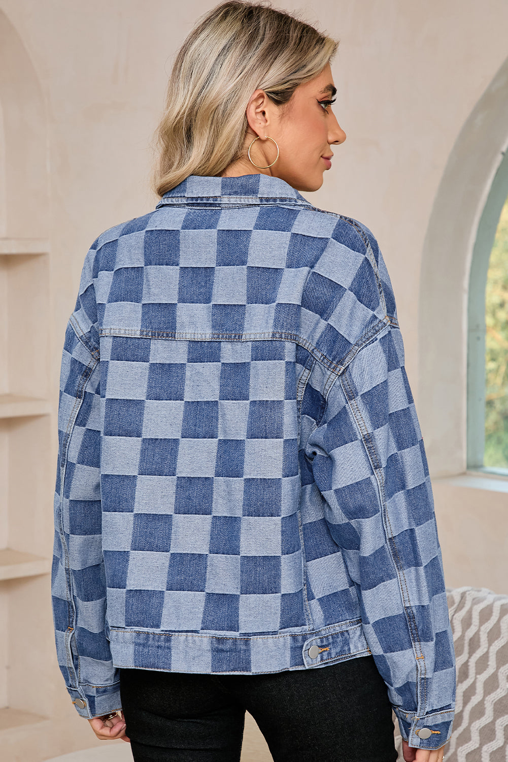 Light Blue/Black Checkered Patchwork Denim Jacket