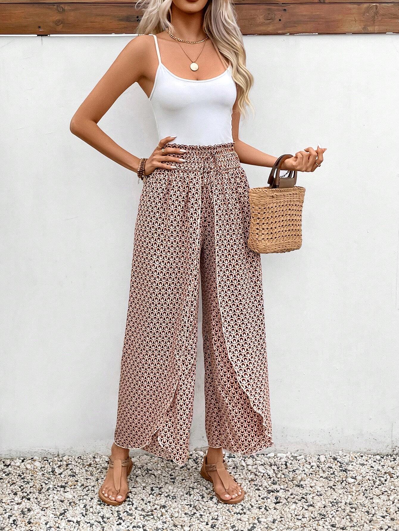 Multi color Floral Shirred Side Slit Wide Leg Pants