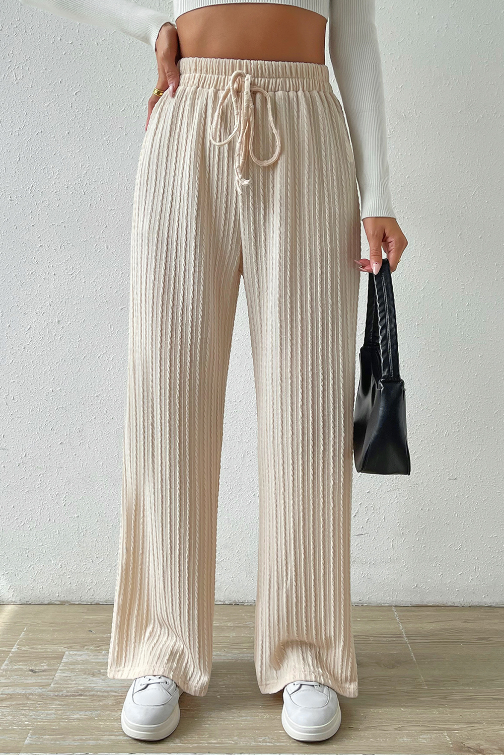 White Rib Knit Wide Leg Pants