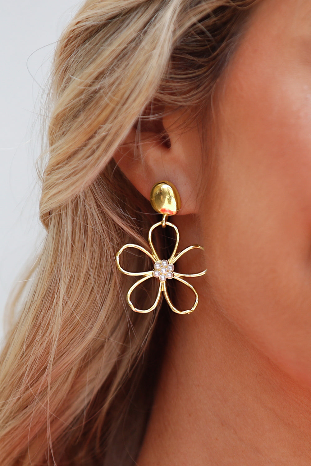 Gold Flower Pearl Stud Earrings