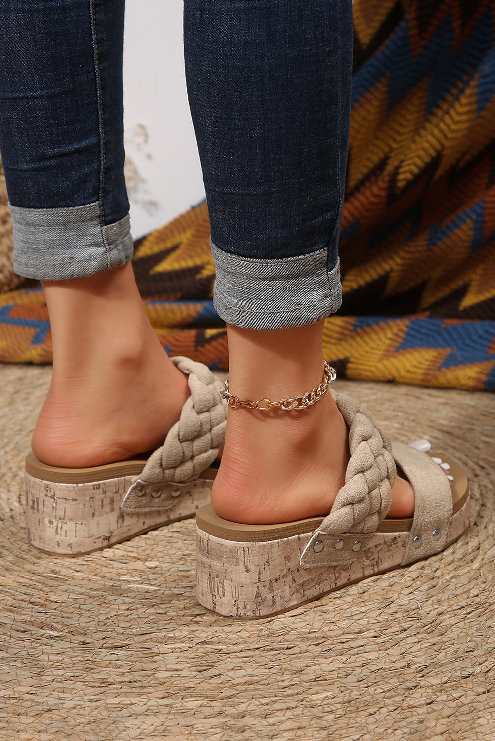 Light Beige Leather Braided Platform Slides Shoes