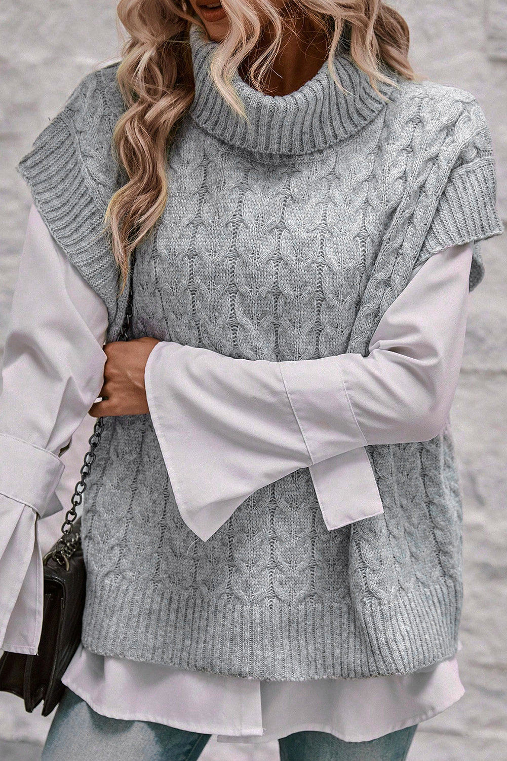 Light Beige/Grey Turtleneck Knit Sweater