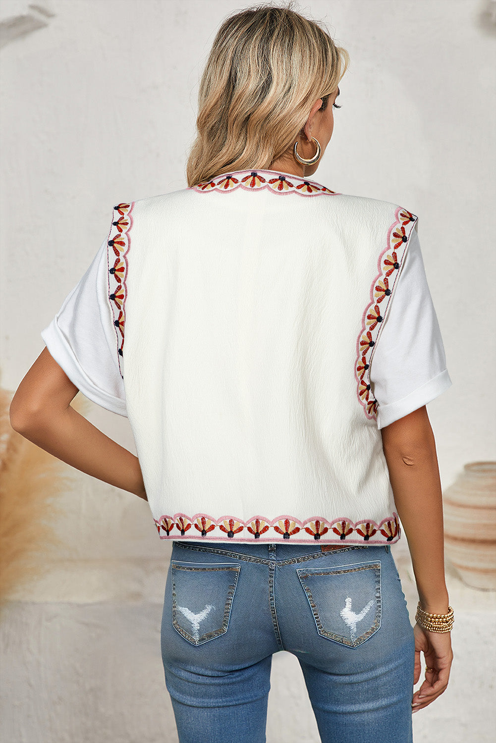 White Floral Embroidered Vest