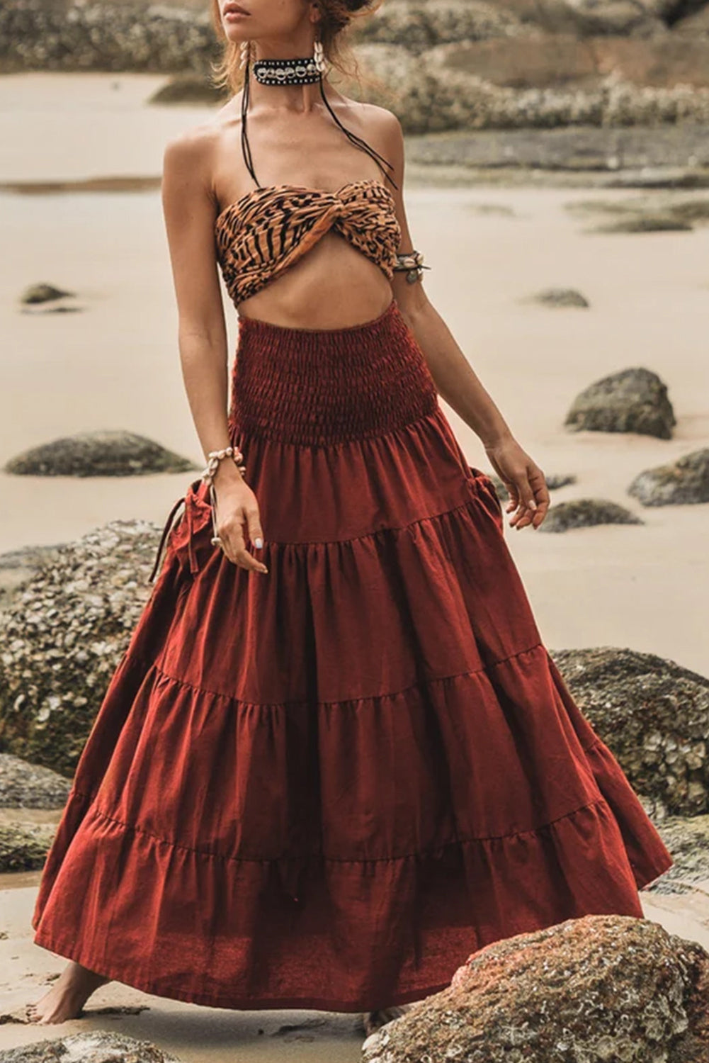 Red Dahlia Bohemian Tiered Maxi Skirt