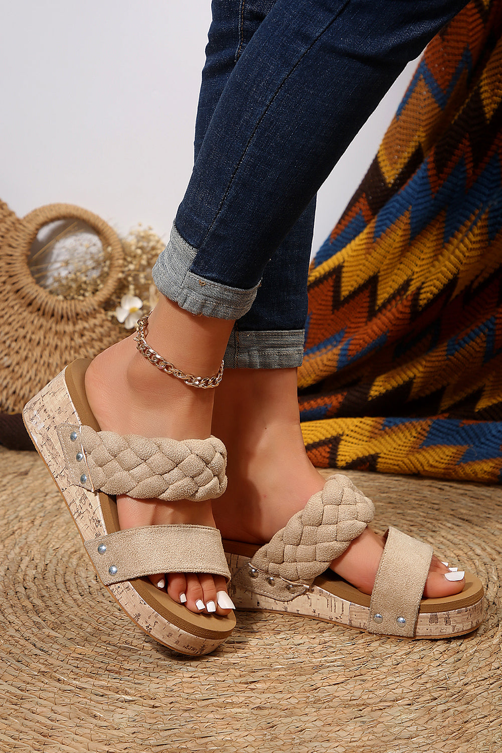 Light Beige Leather Braided Platform Slides Shoes