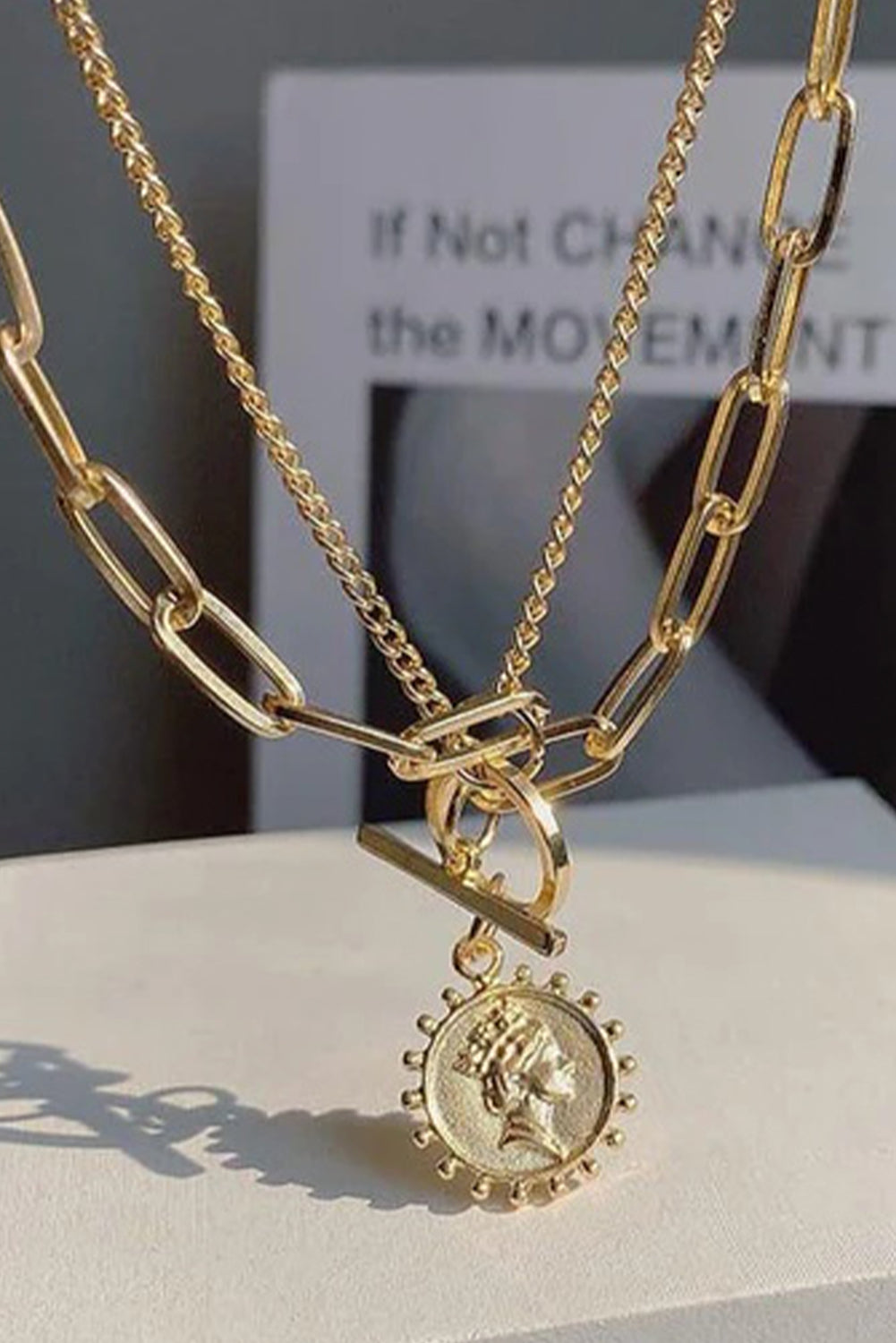 Gold Plated Vintage Carved Coin Necklace