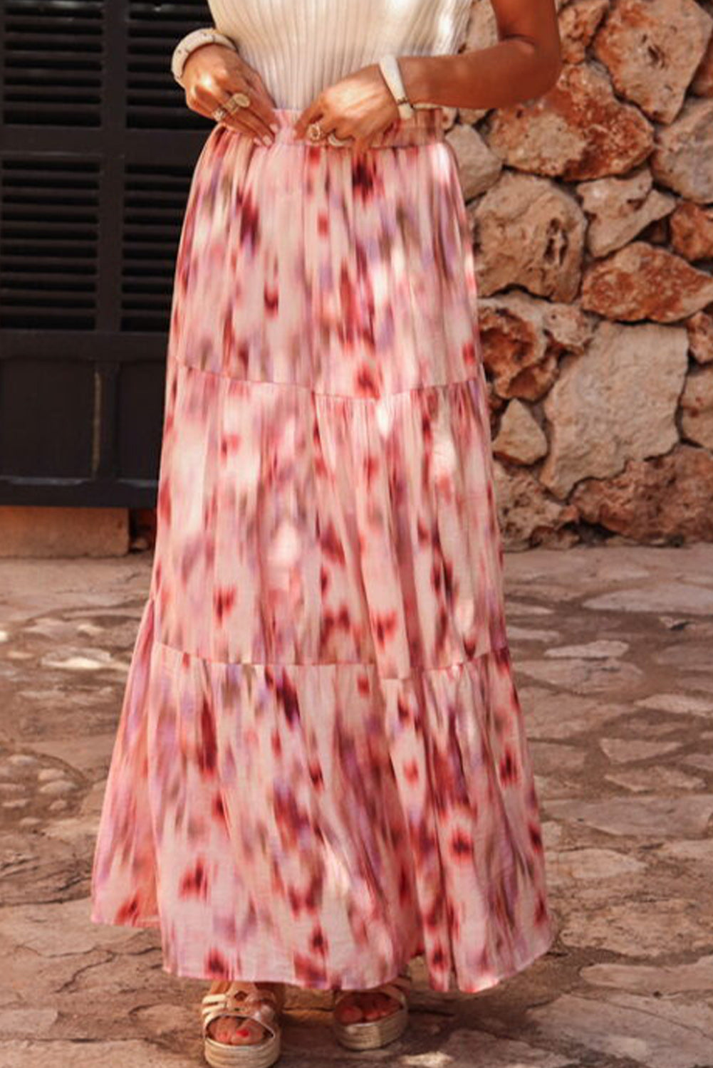 Pink Watercolor Tie Dye Tiered Maxi Skirt