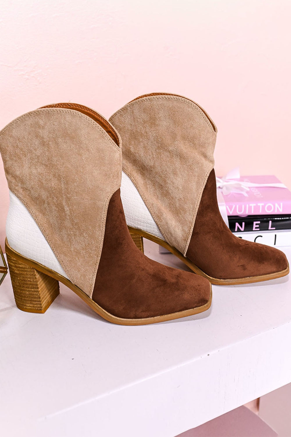 Chestnut/Black Colorblock Suede Heeled Ankle Boots